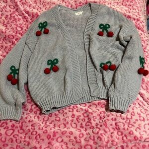 Charming gray-blue Cardigan with Cherry Accents